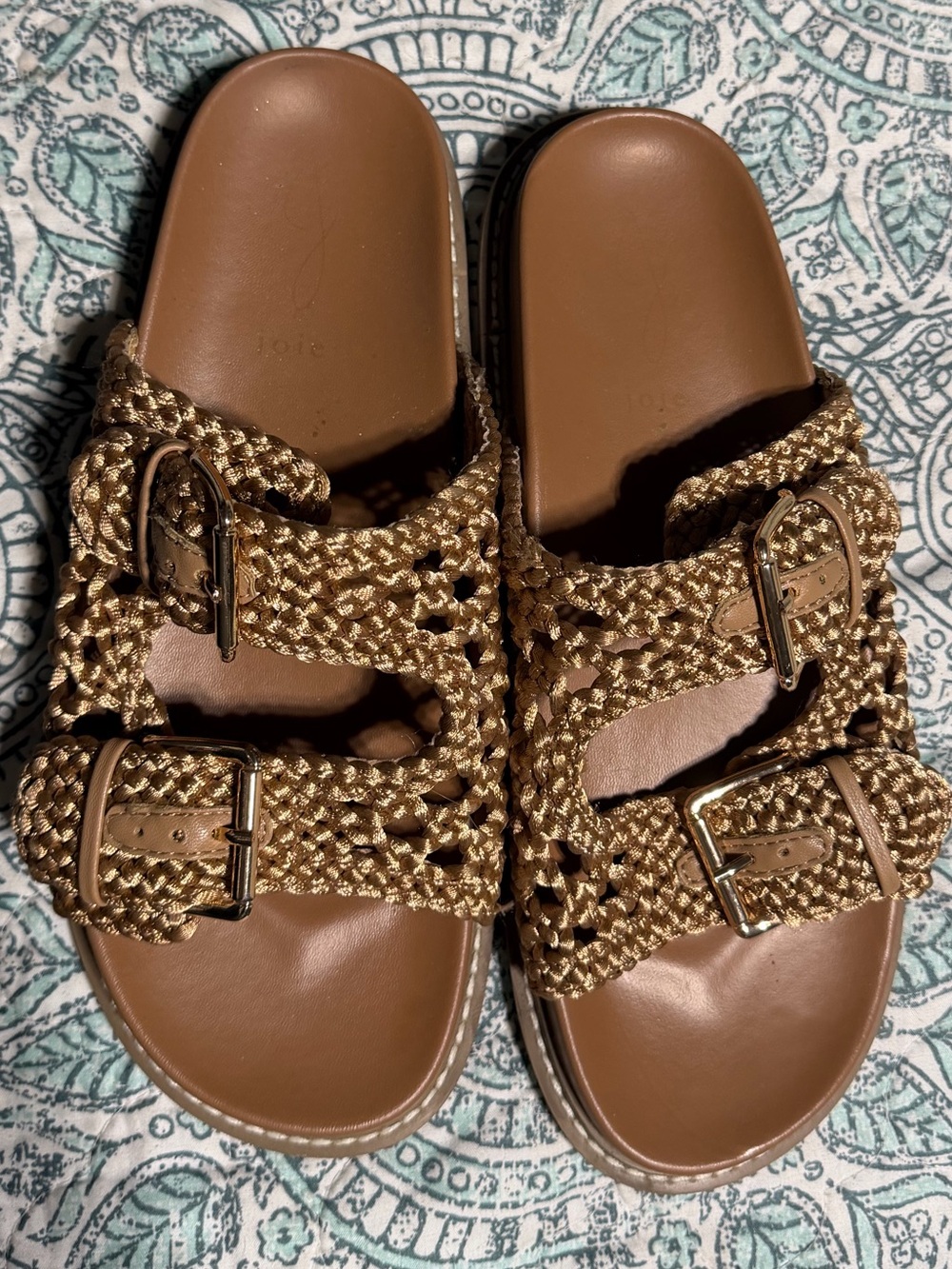 Joie Woven Tan Braided Slide Sandals with Gold Buckles